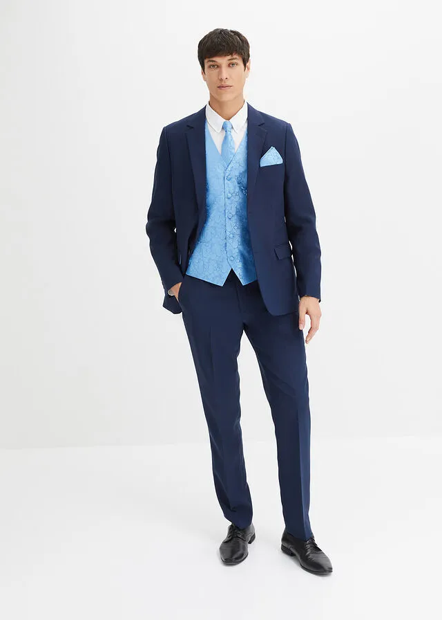 Traje (5 piezas): americana, pantalón, chaleco, corbata, pañuelo azul marino + azul pálido